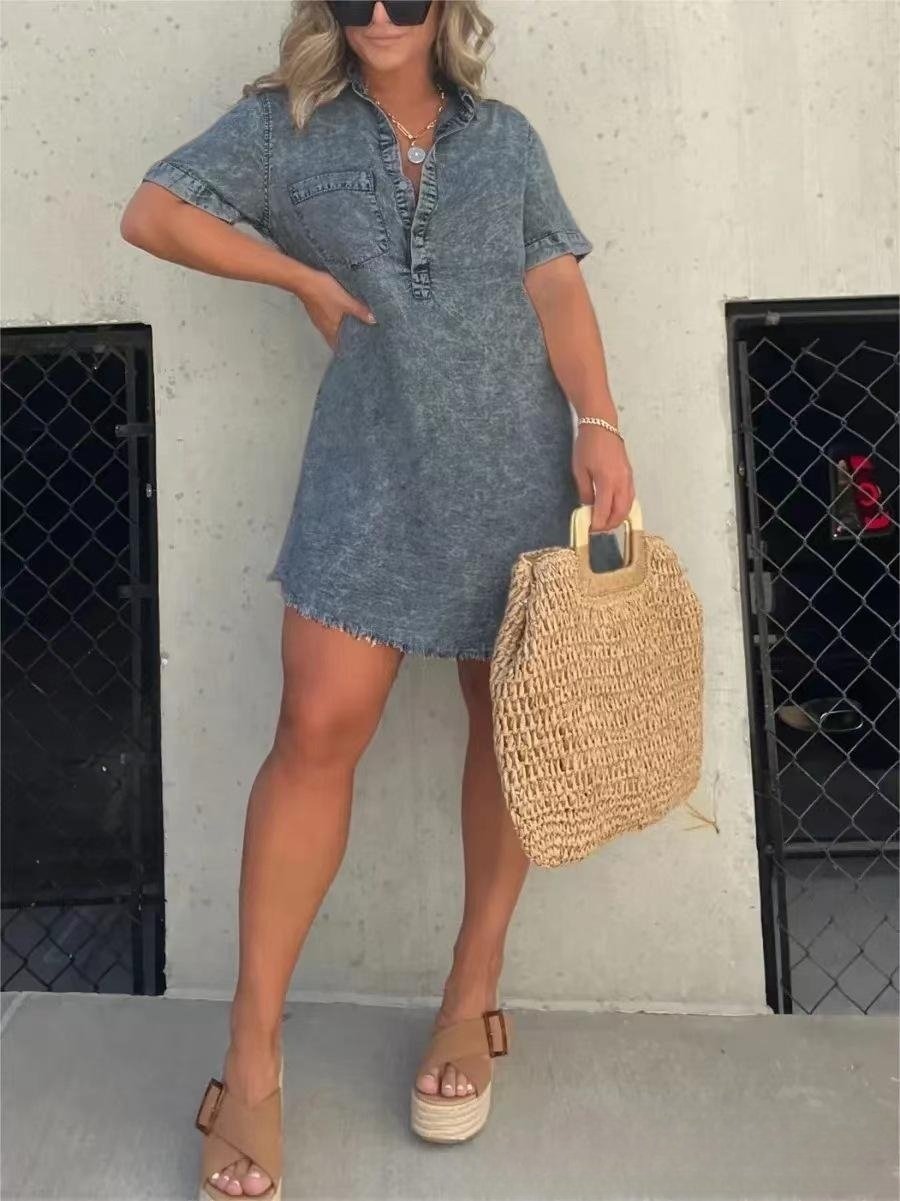 commsmarket-Short Sleeve Casual Denim Shirt Dress-Buy two and get free shipping!