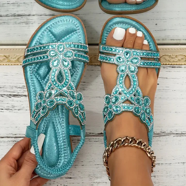 commsmarket-Chic Floral Rhinestone Flat Sandals
