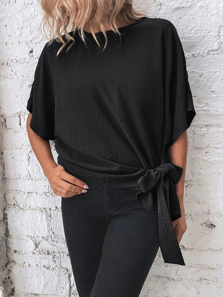 commsmarket-🌷Women's cotton and linen crewneck tie knot top