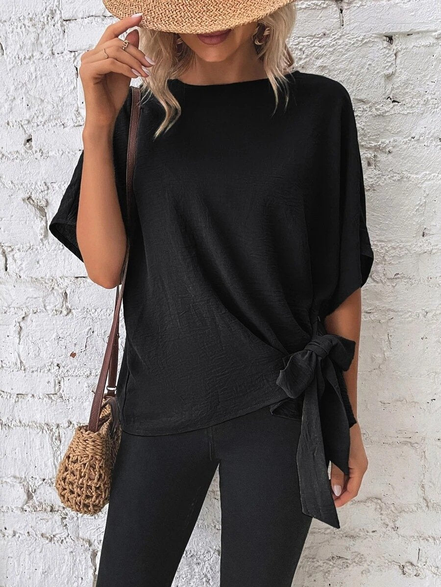 commsmarket-🌷Women's cotton and linen crewneck tie knot top