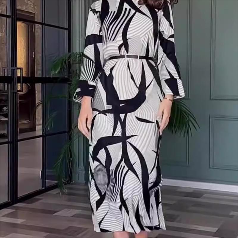 commsmarket-Elegant Round Neck Stretch Dress with Belt