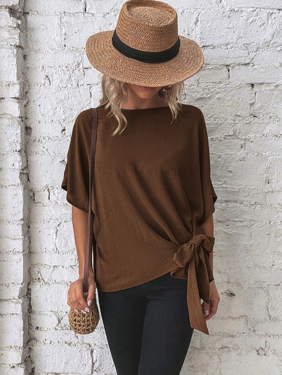 commsmarket-🌷Women's cotton and linen crewneck tie knot top