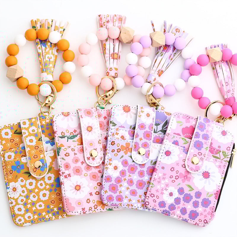 Boho Style Beaded & Tassel Decorated Keychain with Flower Pattern Wallet