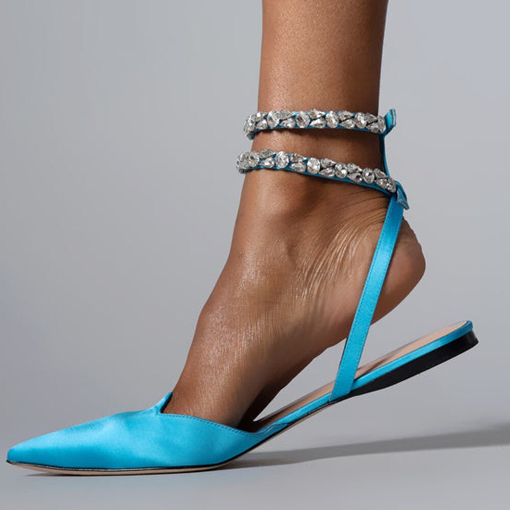 commsmarket-2024 Summer Glam Crystal Pointed Toe Flat Slide Sandals Fashionable Ankle Strap Shoe