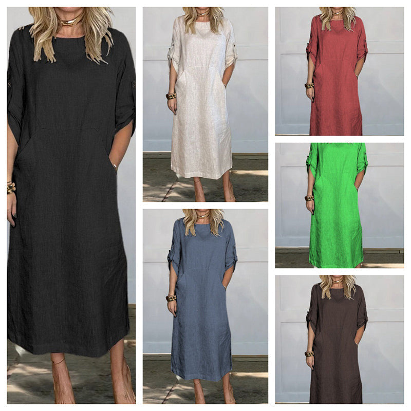 commsmarket-Women's Cotton and Linen Solid Color Loose Dresses