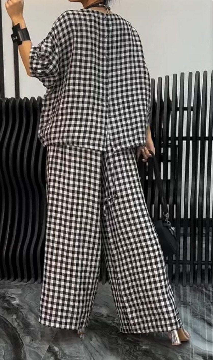 commsmarket-Women's Comfortable Plaid Top And Pants Two-Piece Set