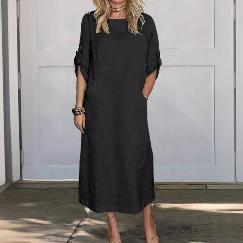 commsmarket-Women's Cotton and Linen Solid Color Loose Dresses