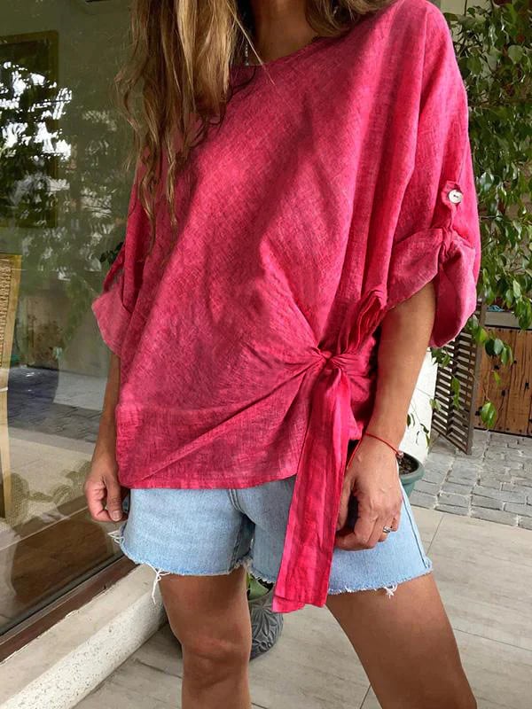 commsmarket-🌷Women's cotton and linen crewneck tie knot top