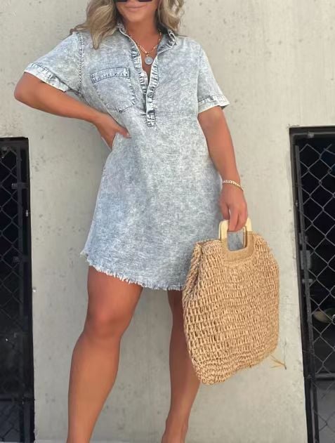 commsmarket-Short Sleeve Casual Denim Shirt Dress-Buy two and get free shipping!
