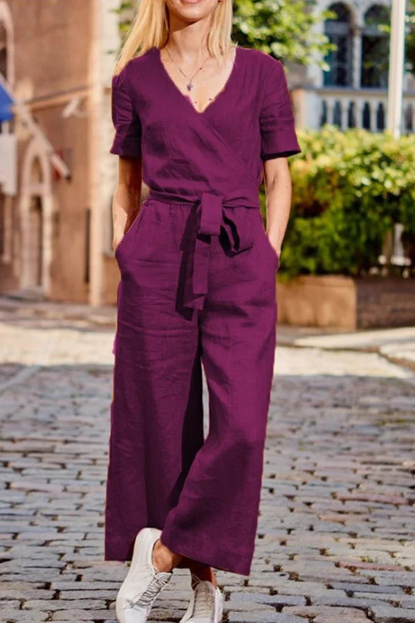 commsmarket-SHORT SLEEVE SOLID COLOR LACE-UP V NECK SOFT ROMPER JUMPSUIT