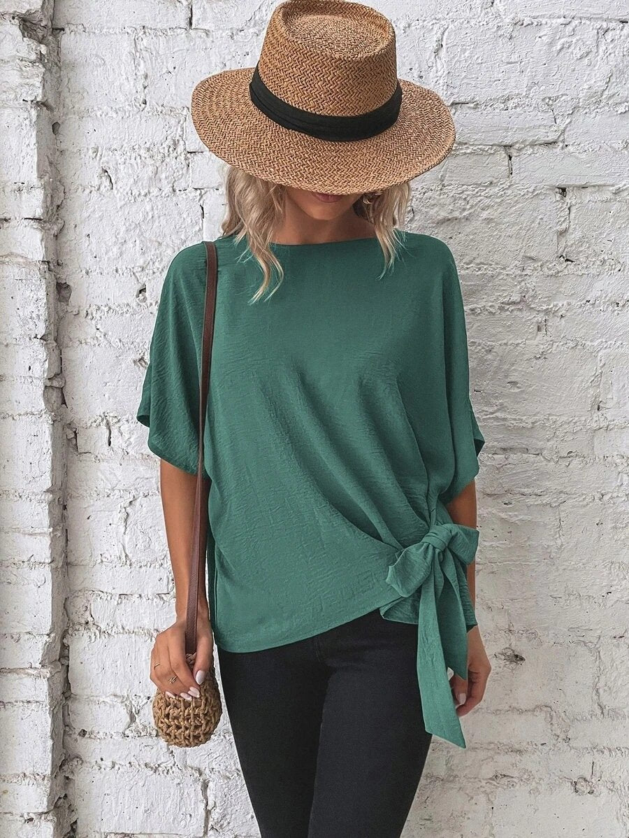 commsmarket-🌷Women's cotton and linen crewneck tie knot top
