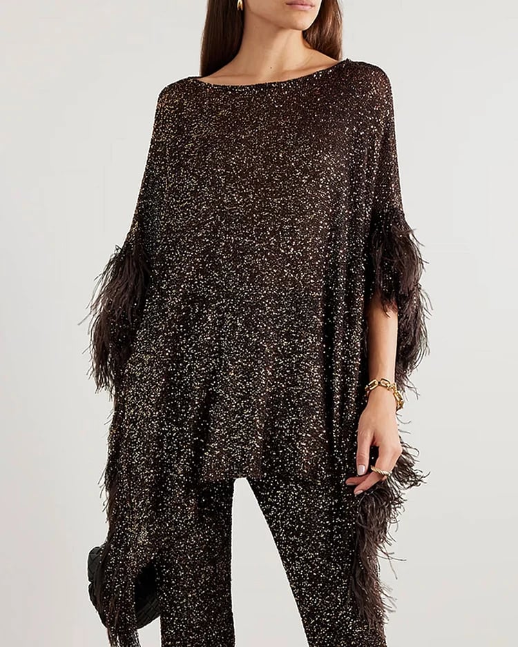 commsmarket-Asymmetric feather-trimmed sequin-embellished top and pants two-piece set