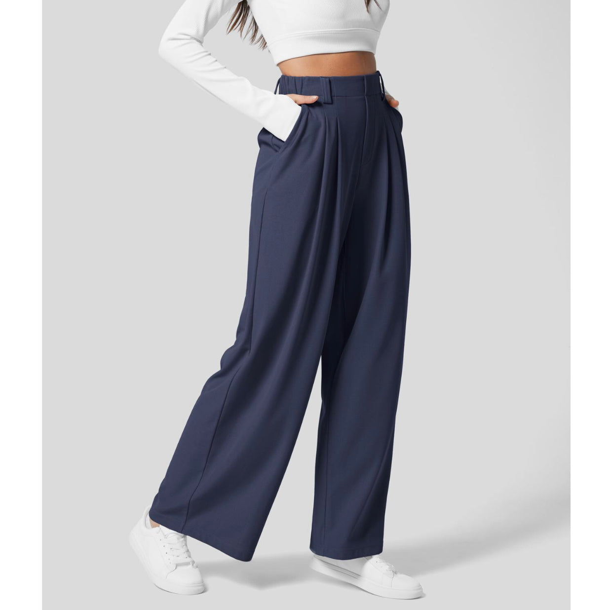 commsmarket-2024 High Waisted Plicated Side Pocket Wide Leg Waffle Casual Pants