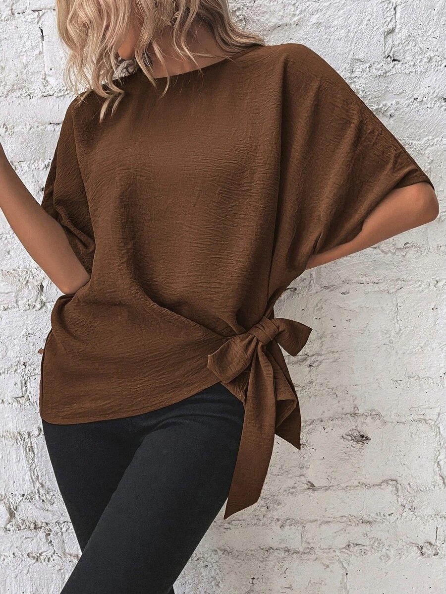 commsmarket-🌷Women's cotton and linen crewneck tie knot top