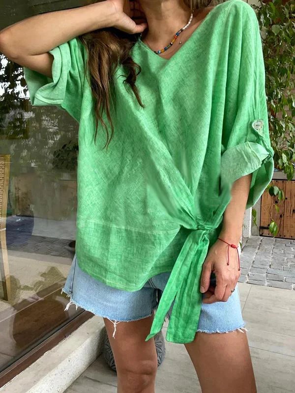 commsmarket-🌷Women's cotton and linen crewneck tie knot top