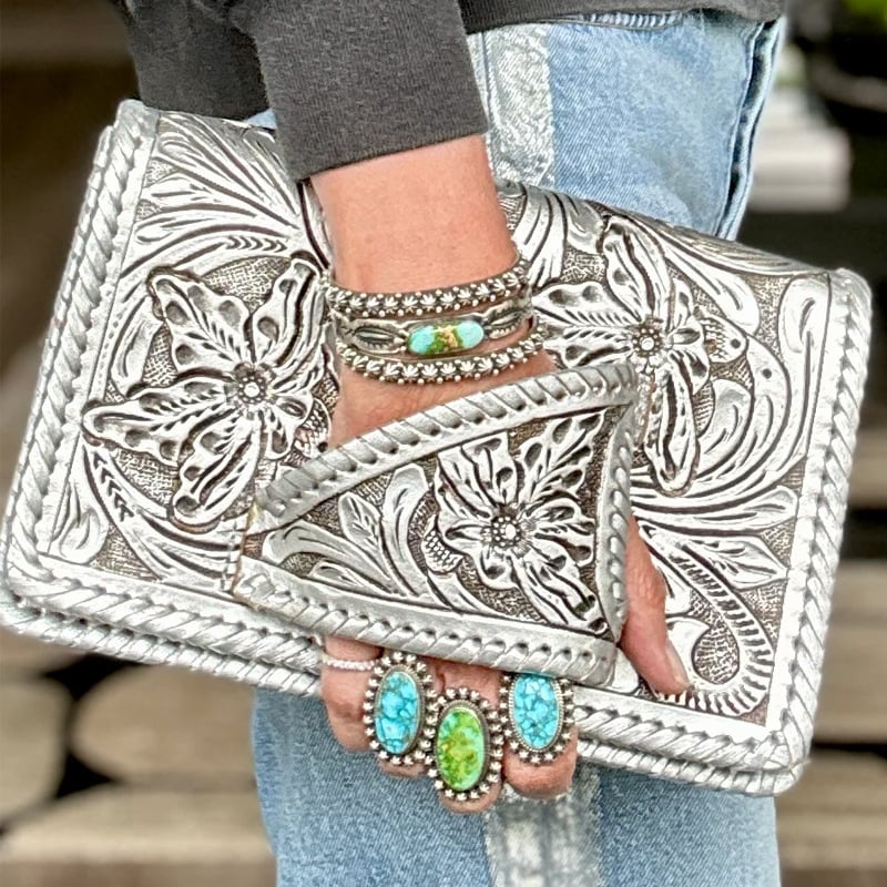 Tooled Metallic Leather Clutch – Western Boho Statement Piece ✨