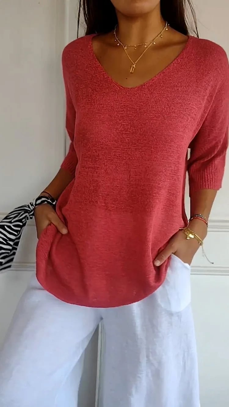 commsmarket-Solid Color Knitted V-neck Top