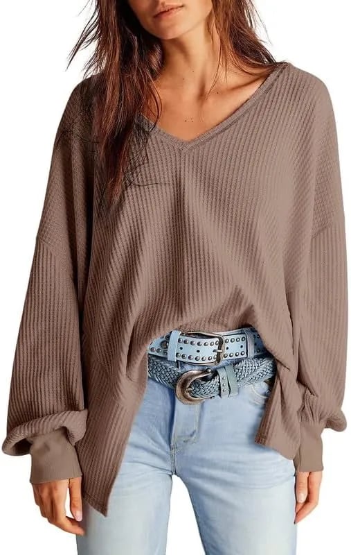 ⏰Hot Sale-Women's Waffle Knit Tops Long Lantern Sleeve Casual Blouses