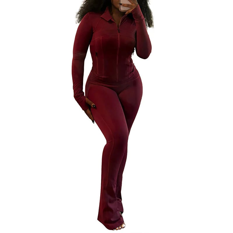 Sexy Solid Color Long-Sleeve Top & Pants Set