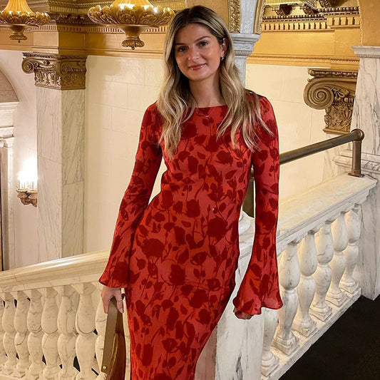 commsmarket-Long Sleeve Rose Printed Maxi Dress