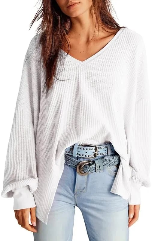 ⏰Hot Sale-Women's Waffle Knit Tops Long Lantern Sleeve Casual Blouses