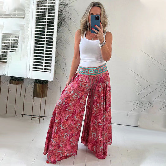 commsmarket-Ethnic Paisley Print Elastic Patchwork-Waist Lightweight Pants