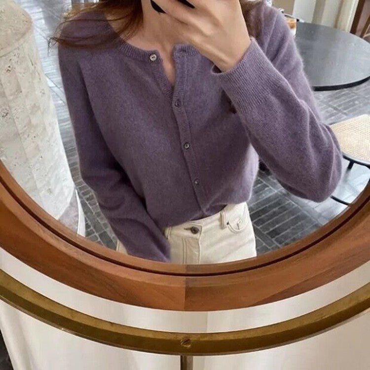 Women's 100% Wool Cardigan – Round Neck, Cozy & Stylish