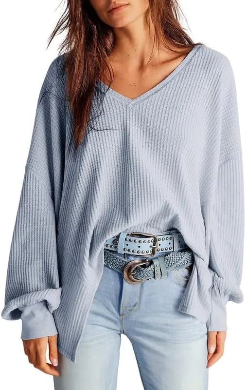 ⏰Hot Sale-Women's Waffle Knit Tops Long Lantern Sleeve Casual Blouses