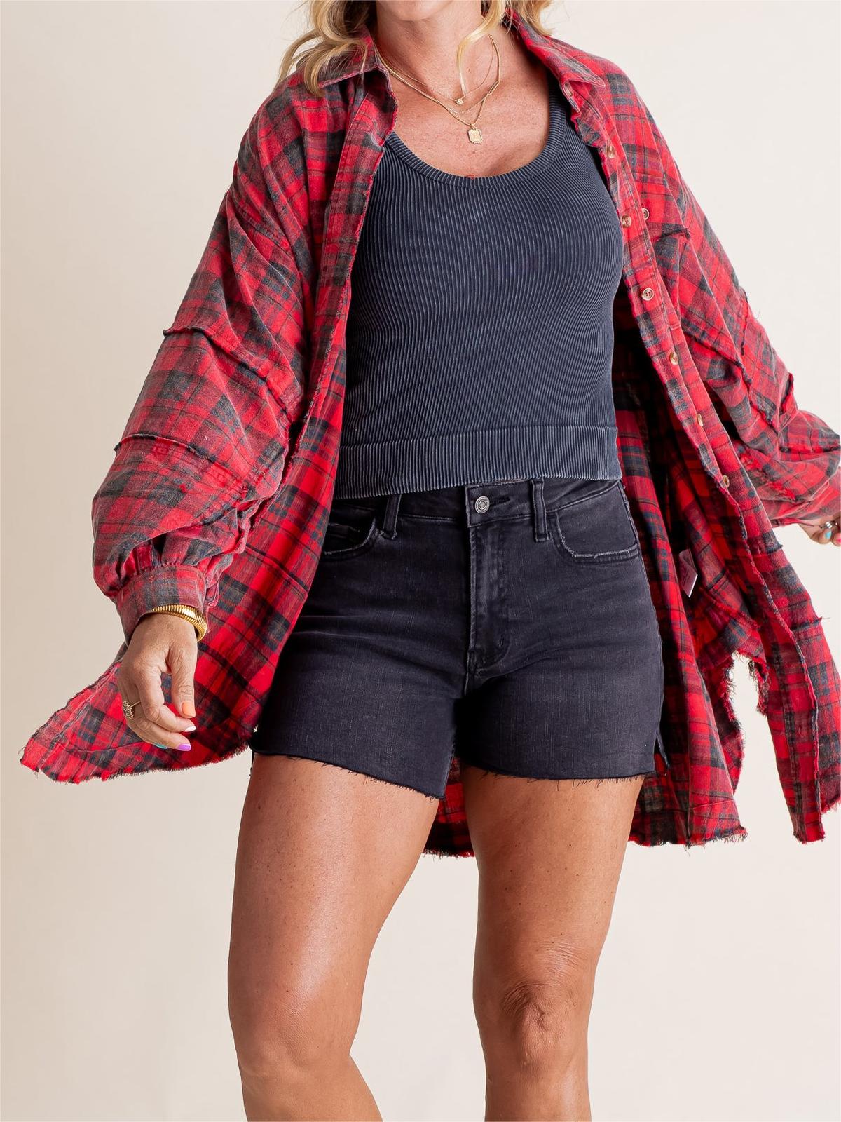 Women's Seams Raw Edge Washed Oversized Shirt Jacket with Pockets(Buy 2 Free Shipping)