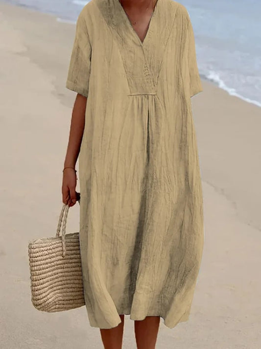 commsmarket-Loose Short Sleeved Solid V-Neck Dress-Buy 2 Free Shipping