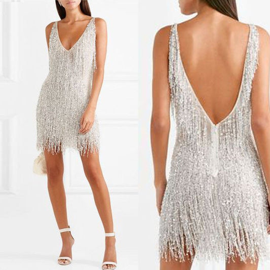 commsmarket-Women's Feather Fringe Sequin Spaghetti Strap Dress