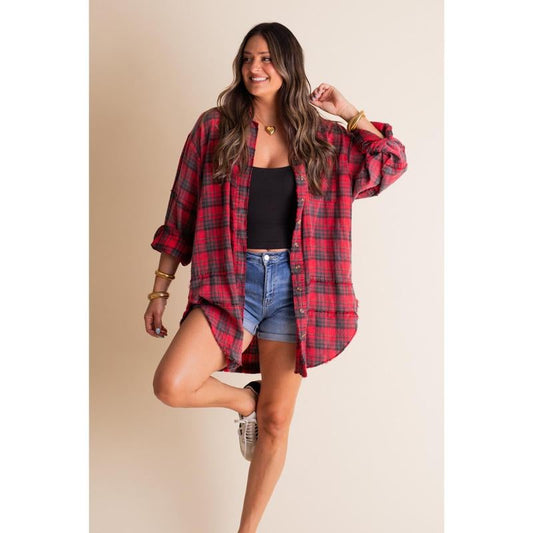 Women's Seams Raw Edge Washed Oversized Shirt Jacket with Pockets(Buy 2 Free Shipping)