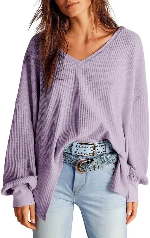 ⏰Hot Sale-Women's Waffle Knit Tops Long Lantern Sleeve Casual Blouses