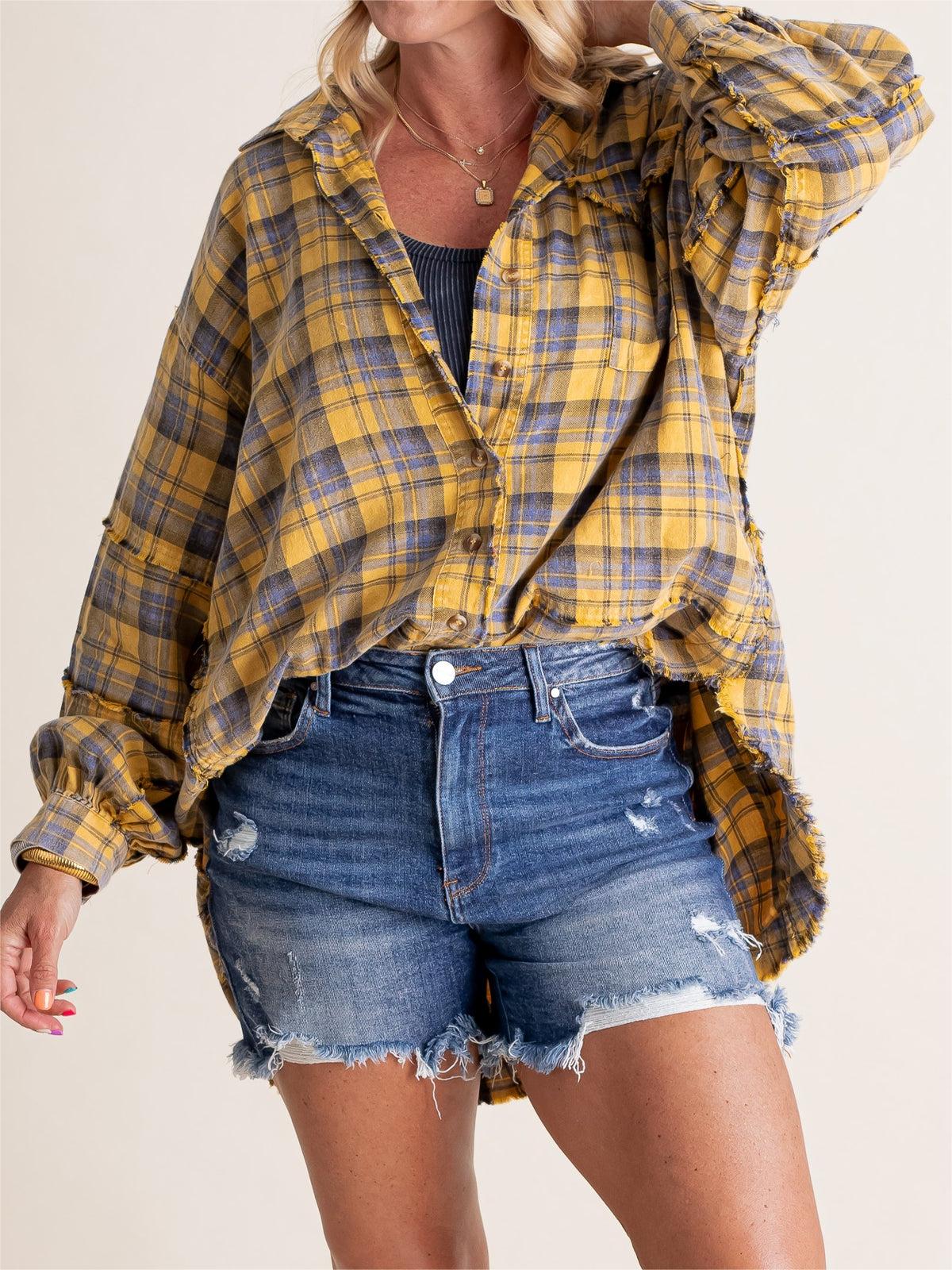Women's Seams Raw Edge Washed Oversized Shirt Jacket with Pockets(Buy 2 Free Shipping)