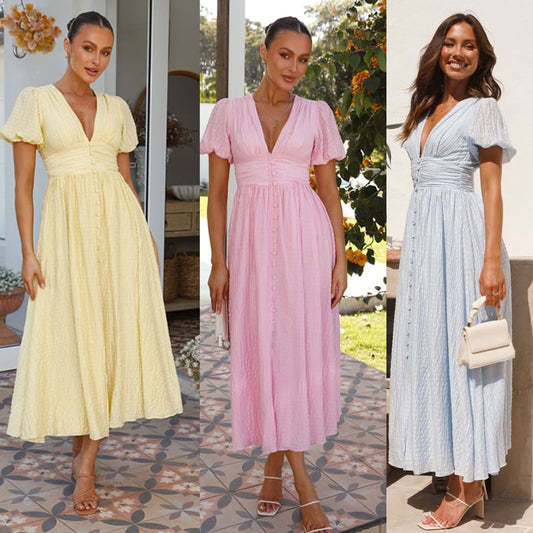 commsmarket-Rustic V Neck Button Zip Pleated Slit Puff Sleeve Maxi Dress