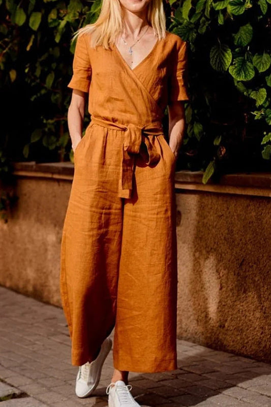 commsmarket-SHORT SLEEVE SOLID COLOR LACE-UP V NECK SOFT ROMPER JUMPSUIT