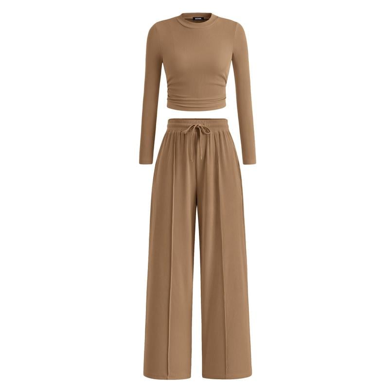 2-Piece Ribbed Knit Long Sleeve Crop Top Wide Leg Pants Matching Lounge Set Loungewear[Buy 2 Free Shipping]