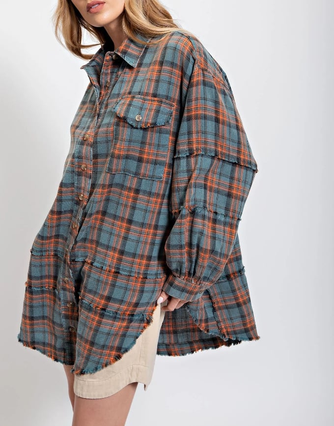 Women's Seams Raw Edge Washed Oversized Shirt Jacket with Pockets(Buy 2 Free Shipping)