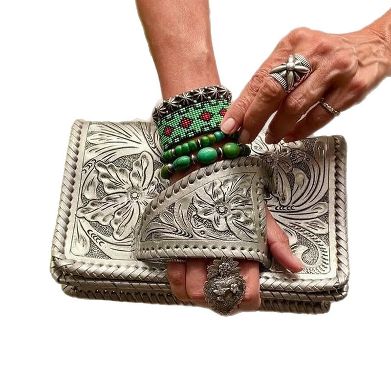 Tooled Metallic Leather Clutch – Western Boho Statement Piece ✨