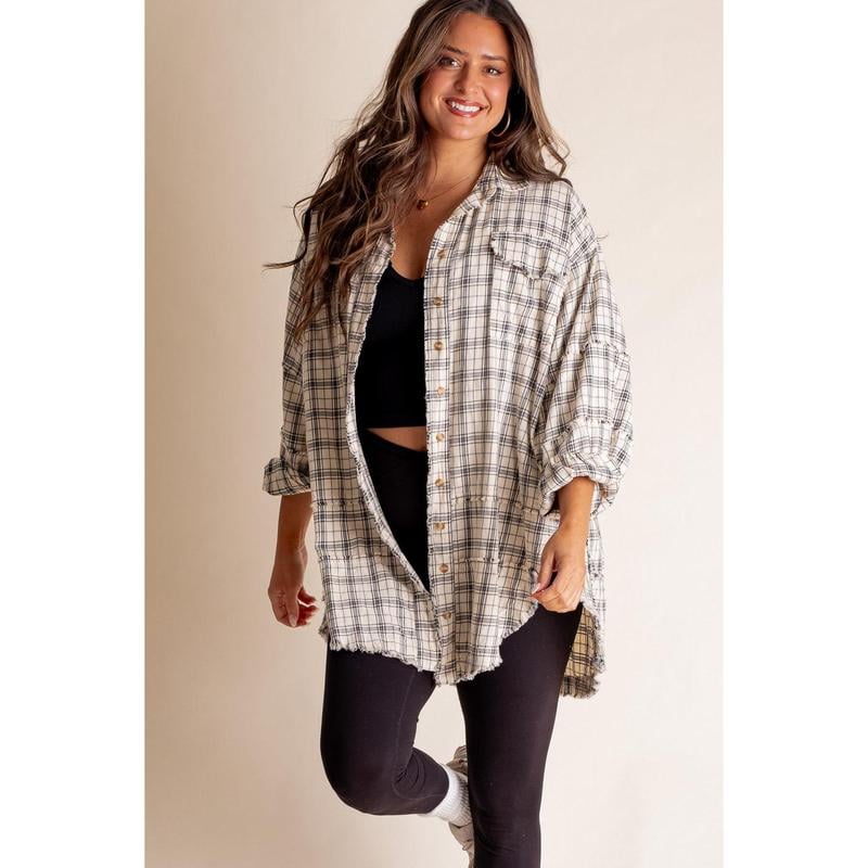 Women's Seams Raw Edge Washed Oversized Shirt Jacket with Pockets(Buy 2 Free Shipping)