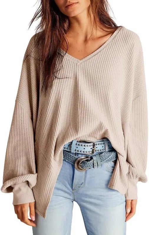 ⏰Hot Sale-Women's Waffle Knit Tops Long Lantern Sleeve Casual Blouses