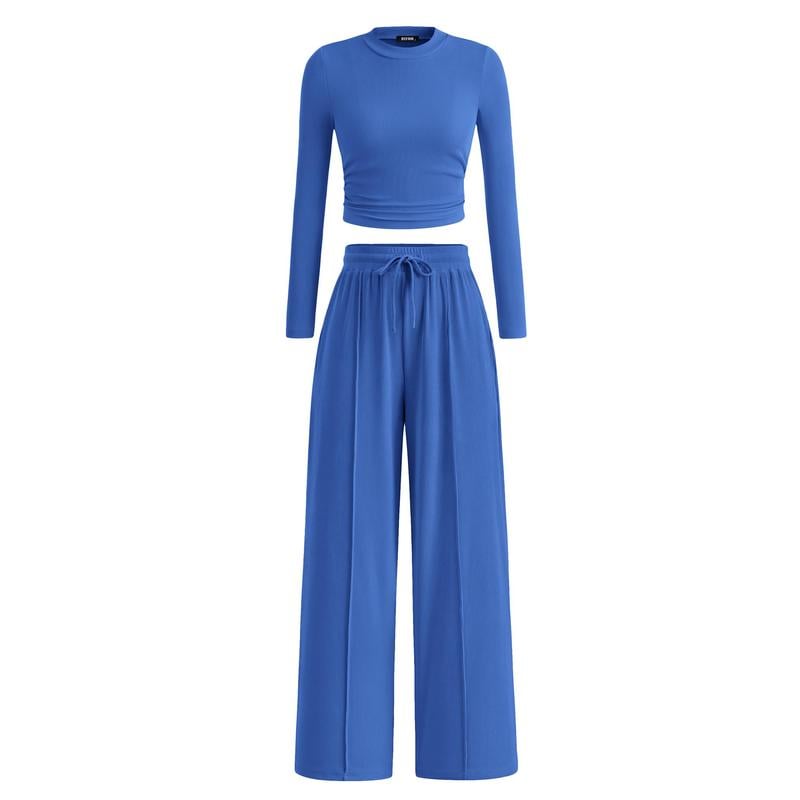 2-Piece Ribbed Knit Long Sleeve Crop Top Wide Leg Pants Matching Lounge Set Loungewear[Buy 2 Free Shipping]