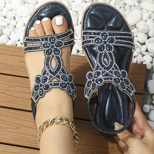 commsmarket-Chic Floral Rhinestone Flat Sandals