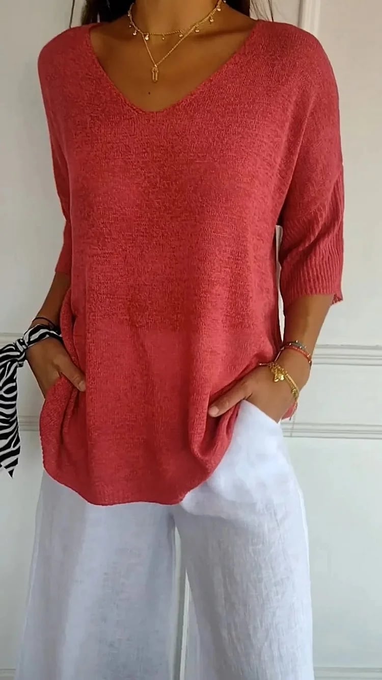 commsmarket-Solid Color Knitted V-neck Top