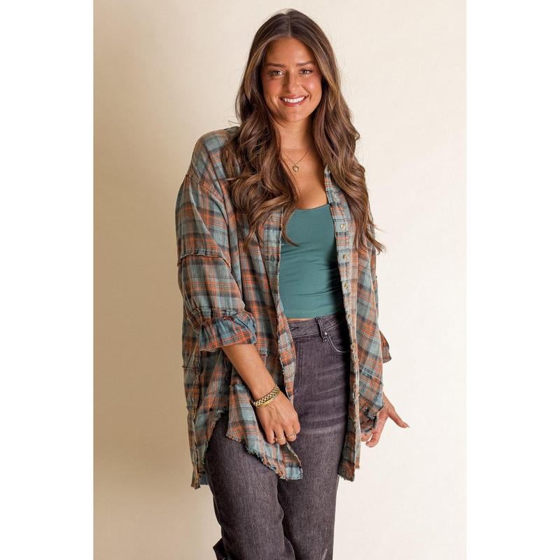 Women's Seams Raw Edge Washed Oversized Shirt Jacket with Pockets(Buy 2 Free Shipping)