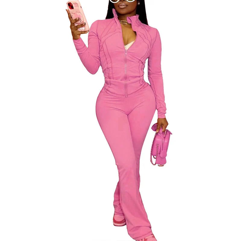 Sexy Solid Color Long-Sleeve Top & Pants Set