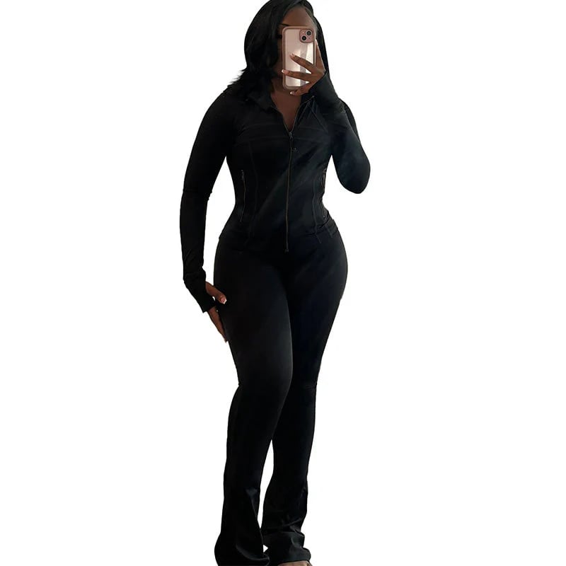 Sexy Solid Color Long-Sleeve Top & Pants Set