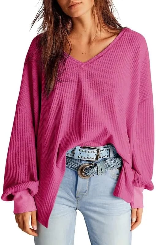 ⏰Hot Sale-Women's Waffle Knit Tops Long Lantern Sleeve Casual Blouses
