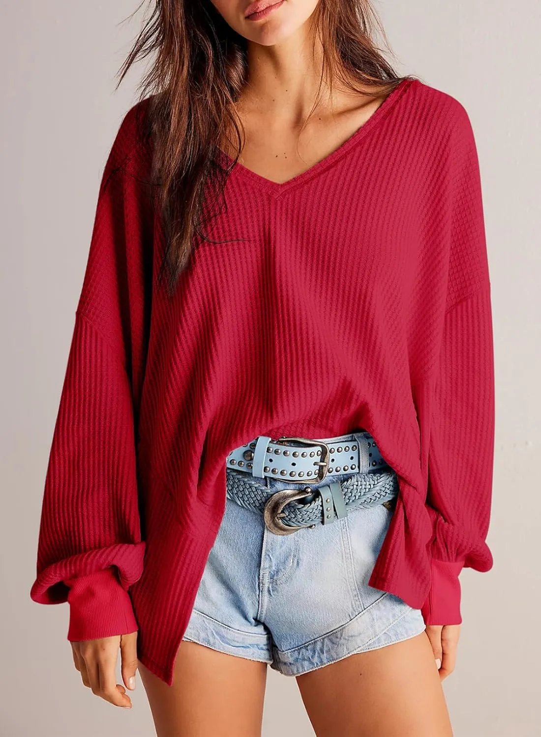 ⏰Hot Sale-Women's Waffle Knit Tops Long Lantern Sleeve Casual Blouses