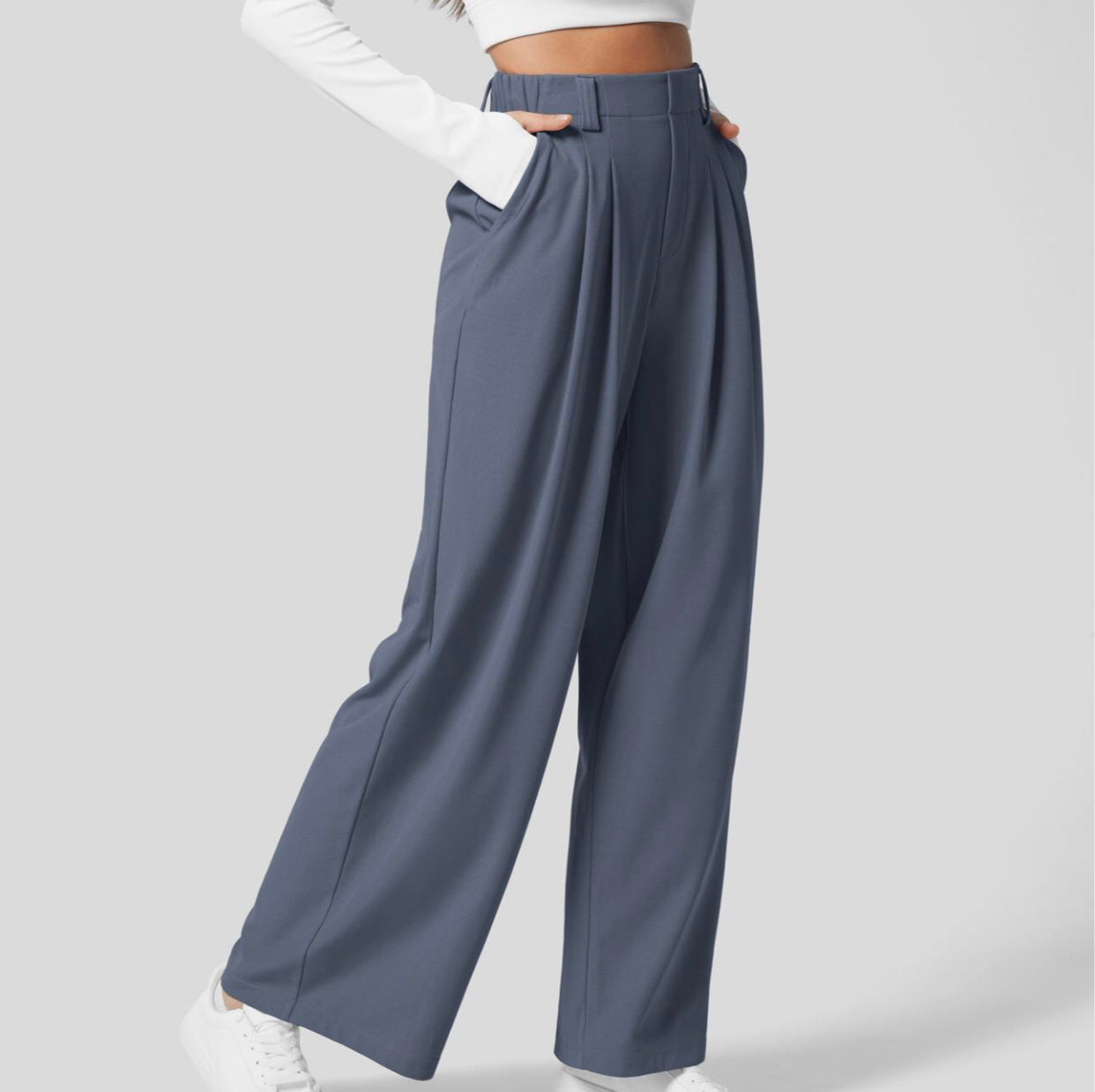 commsmarket-2024 High Waisted Plicated Side Pocket Wide Leg Waffle Casual Pants